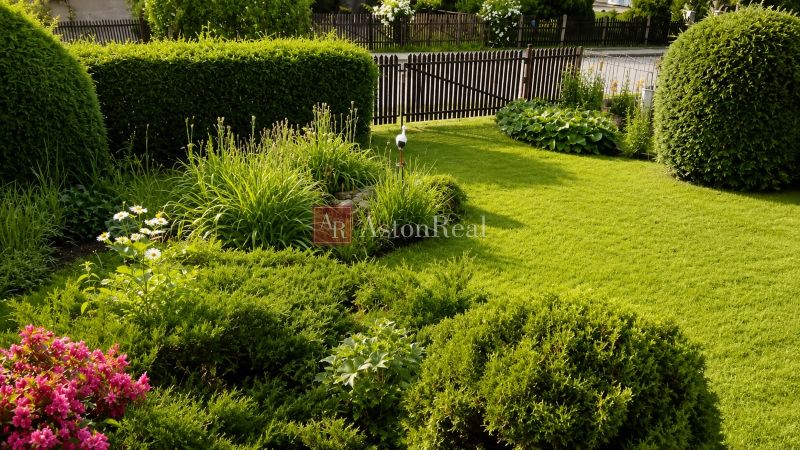 A garden by the cottage in Beňadiková with a lawn, ornamental shrubs, and flowers.