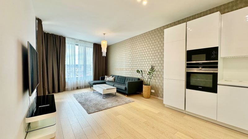 Living room in a two-room apartment with a wooden decor floor, gray sofa, and television.