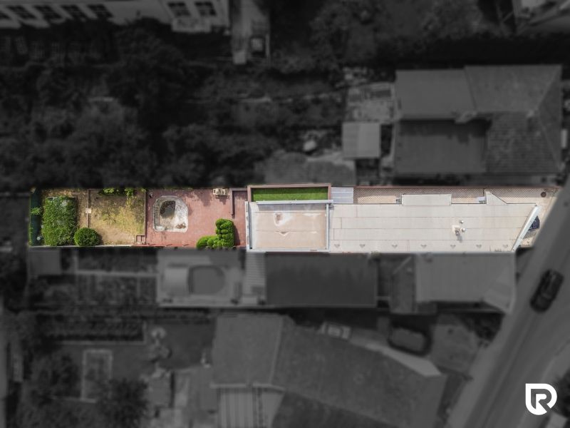 Aerial view of the garden and terrace at a family house on Kubranská Street in Trenčín.