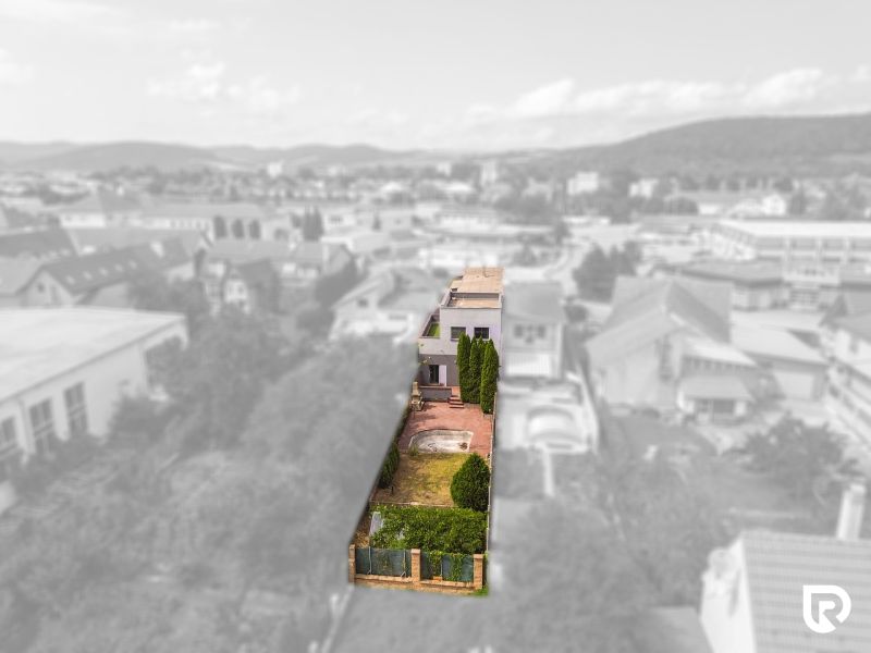 A family house on Kubranská Street in Trenčín, with a plot of land, a hedge, and trees.