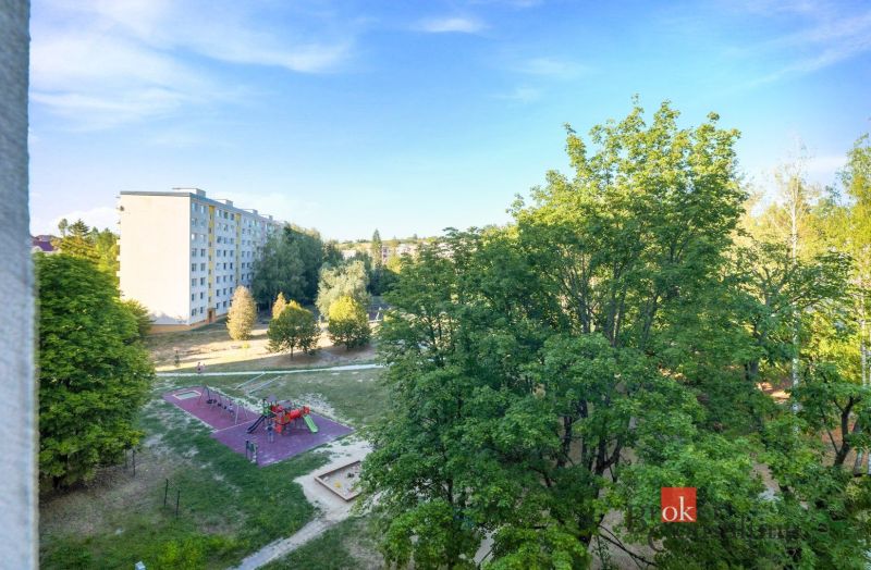 A view of a children's playground and apartment buildings amidst greenery on A. Hlinka Street, Zvolen.