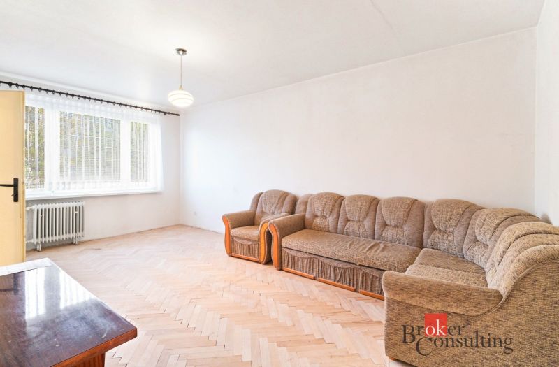 Living room in a two-room apartment with a wooden decor floor and a sofa.