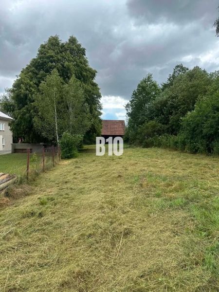 A grassy plot with a cottage in Dubové surrounded by trees and a fence under a cloudy sky.