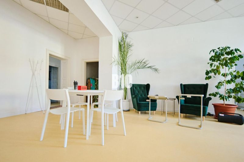 Offices with white chairs, green armchairs, and plants on a light floor.