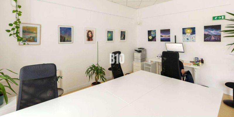 Offices with simple furniture, art on the walls, and plants.