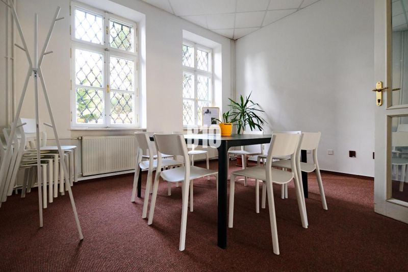 Interior of an office with white chairs, a table, and a plant on the carpet.