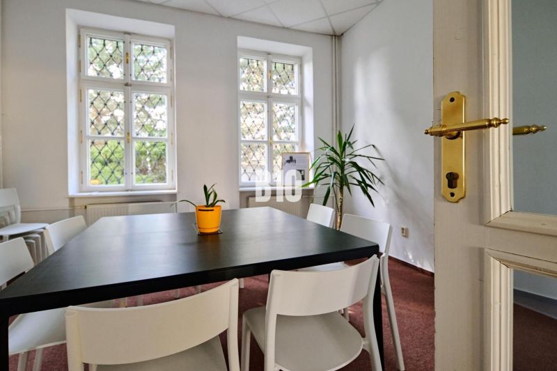 Simple office spaces with white chairs and plants on the table.