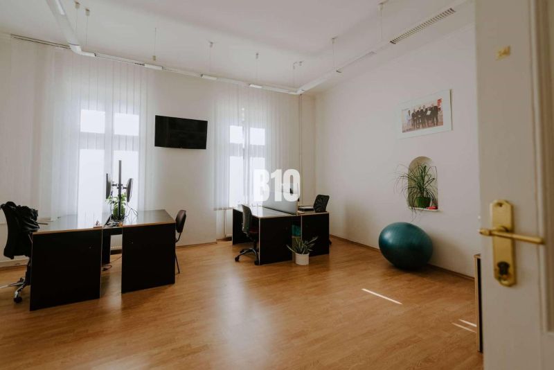 Spacious offices with wood-decor flooring, work desks, and a fitness ball.