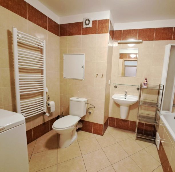 Bathroom in a 2-room apartment with a sink, bathtub, and washing machine.
