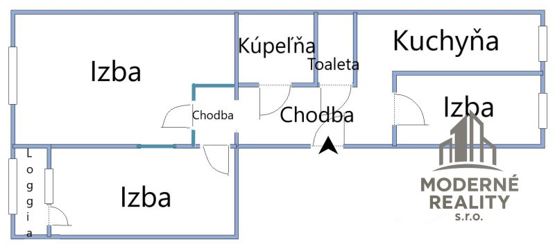 Floor plan of a 3-room apartment with a loggia, kitchen, bathroom, and toilet.