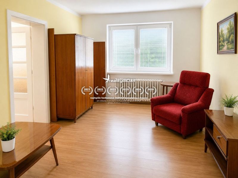 Living room in a family house with retro-style furniture and a wood-patterned floor.
