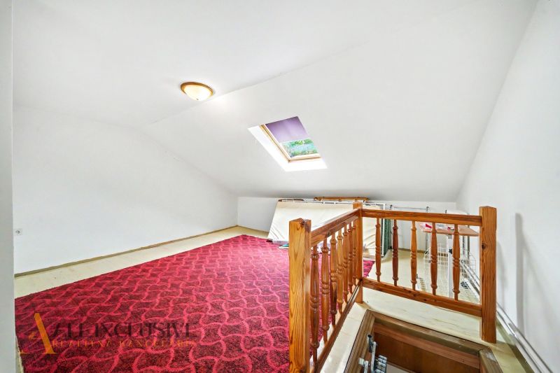 The attic of a family house with a red carpet and a skylight.