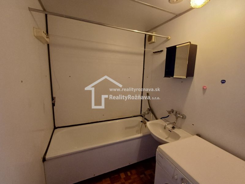 Bathroom with a bathtub and a washing machine in a studio apartment, floor with wood decor.