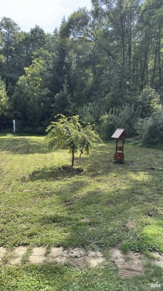 The yard of the cottage in Šugovská Valley, Medzev with a young tree and a wooden well.