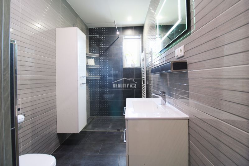 A bathroom with a shower in a family house with gray-toned tiles.