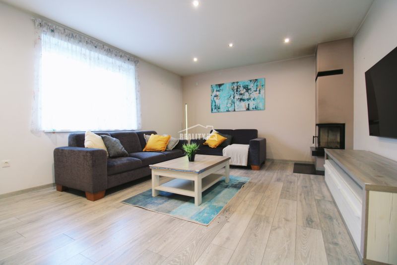 Living room in a family house with a sofa, fireplace, and wooden decor flooring.