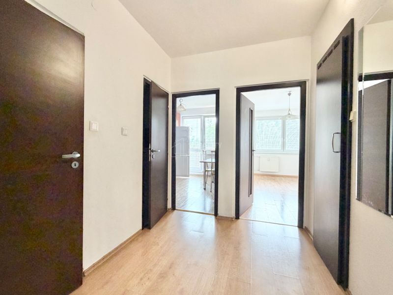 A hallway in a 2-room apartment with a wooden decor floor and white walls.