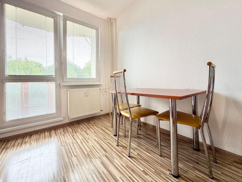 Dining room with wood-patterned flooring, table, and chairs in a two-room apartment.