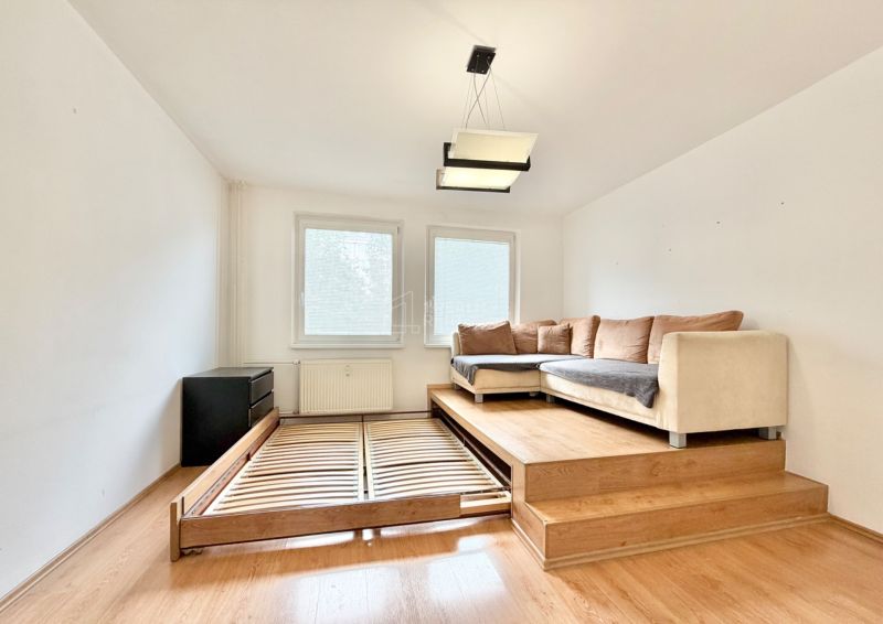 Living room in a two-room apartment with a sofa on a wooden platform and a floor with a wooden decor.