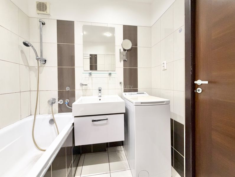 Bathroom with a shower, sink, and washing machine in a 2-room apartment.
