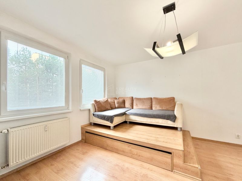 Living room in a two-room apartment with a sofa and wooden decor flooring.
