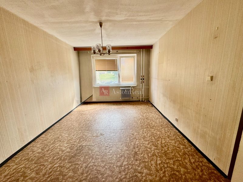 Living room in a two-room apartment, light walls, window with radiator, floor with wood decor.