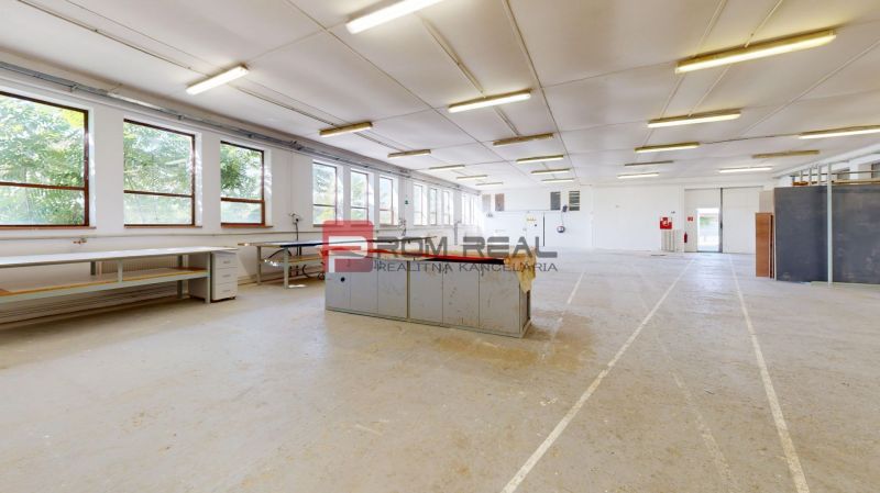 Spacious production spaces with large windows and work tables, floor with wooden decor.