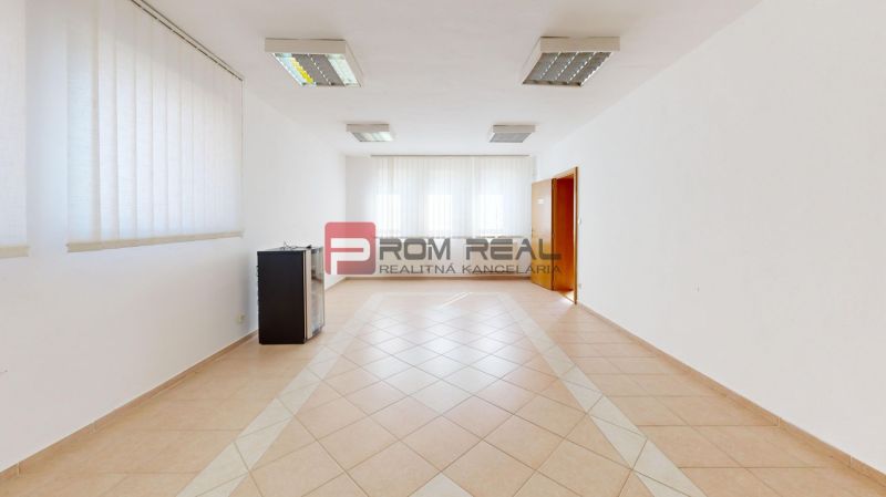 Interior with tiles and curtains, empty room in the Production premises.