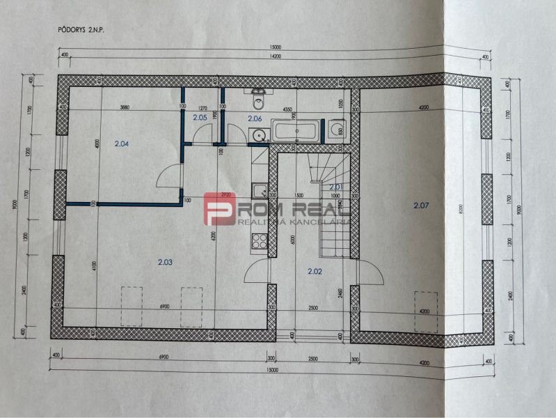Floor plan of the second floor of the production area with arranged rooms and dimensions.