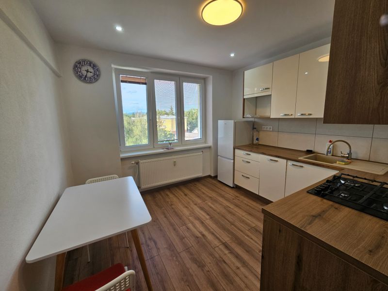 A kitchen in a 2-room apartment with white cabinets and a wood-patterned floor.