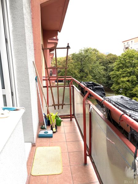 A balcony of a 3-room apartment with flower pots, cleaning supplies, and a view of greenery.