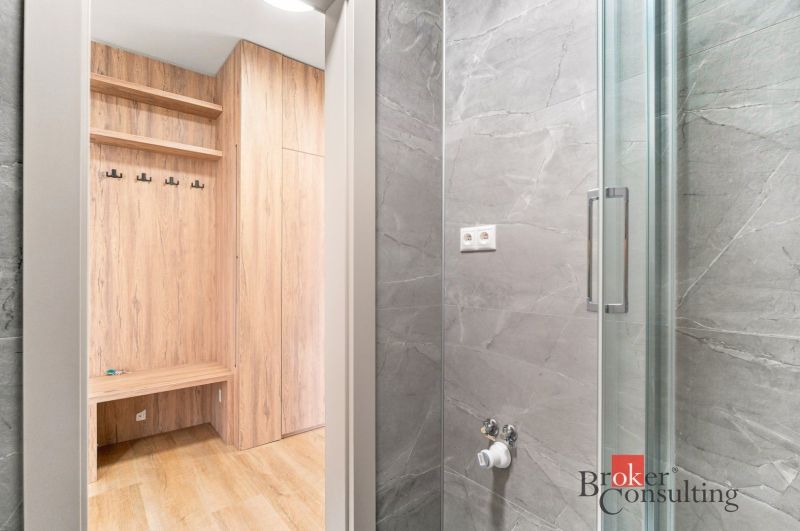 Storage space with hanging hooks in a two-room apartment, floor with wooden decor.