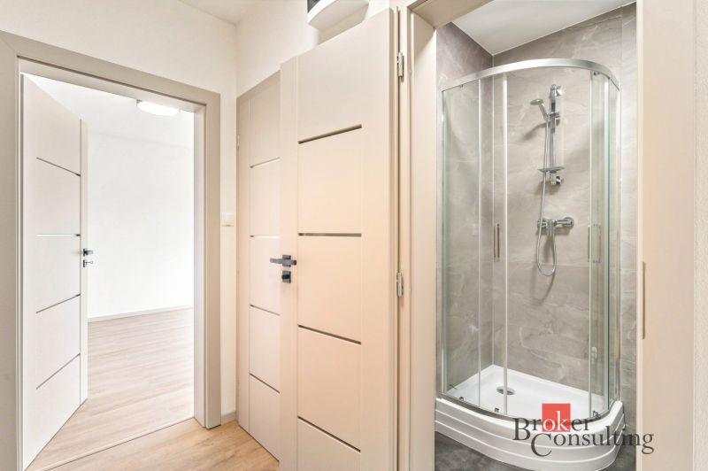 Bathroom with shower and interior with wood-decor flooring in a 2-room apartment.