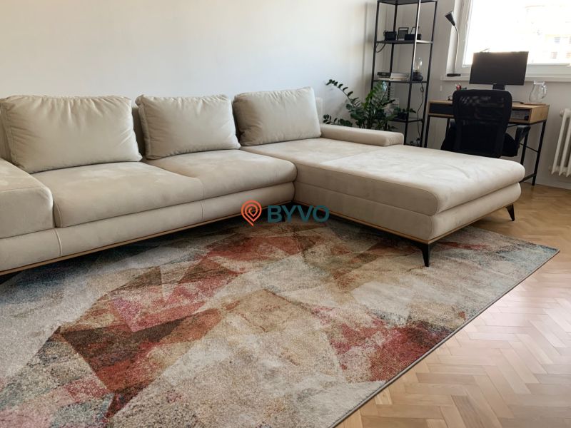 A light sofa and carpet in a 2-room apartment with a wooden decor floor.