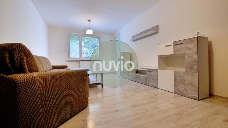 Living room in a 3-room apartment with a sofa and a wooden decor floor.