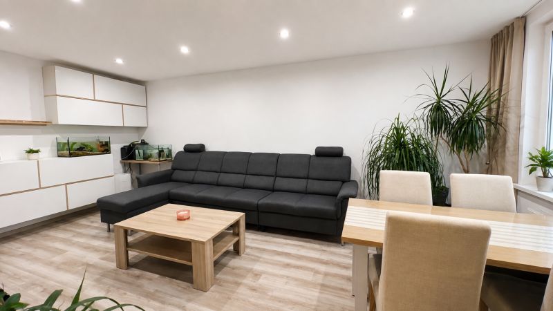 Living room with a dark sofa, plants, and a wooden decor floor in a 3-room apartment.