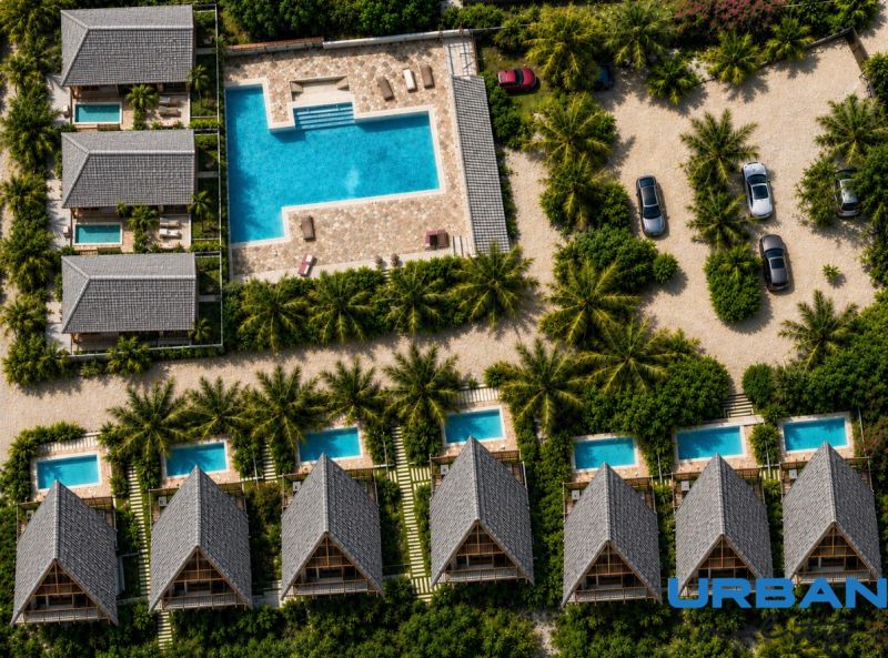 Aerial view of family houses in Pwani Mchangani with pools and palm trees.