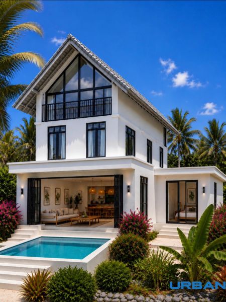 A family house in Pwani Mchangani with a pool, tropical garden, and large windows.