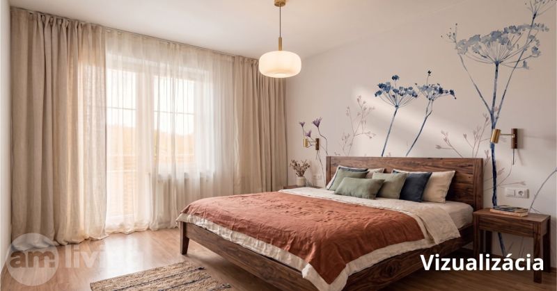A bedroom in a 2-room apartment with a wooden decor floor and natural textiles.