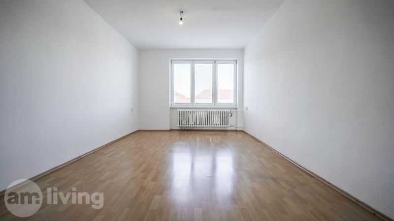 An empty room in a two-room apartment with a wood-patterned floor and a large window.