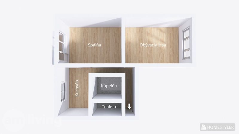 Floor plan of a 2-room apartment with a kitchen, bedroom, living room, and flooring with a wooden decor.