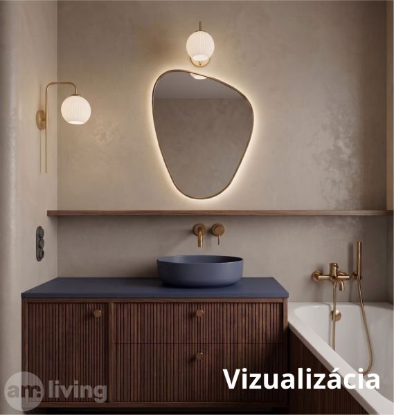A bathroom with a designer mirror, a gold faucet, and a dark sink in a 2-room apartment.