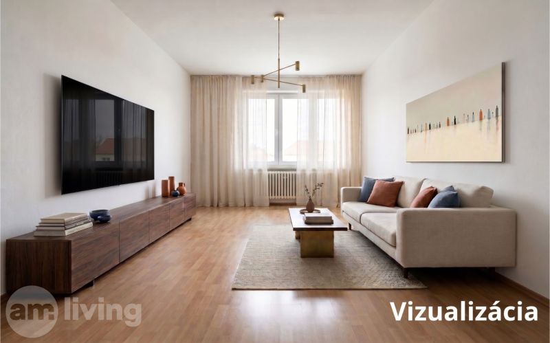 Living room in a 2-room apartment with a sofa, television, and wooden decor flooring.