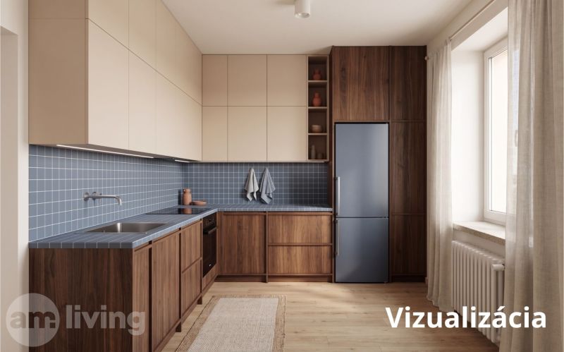 A kitchen in a 2-room apartment with wooden decor and blue tiles.