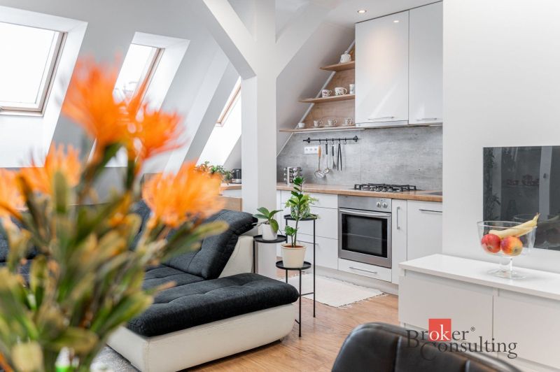 Modern kitchen with wood-patterned flooring in a 3-room apartment with large skylights.