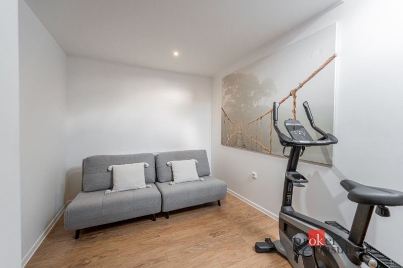 A stylish room in a 3-room apartment with a sofa bed and exercise equipment.