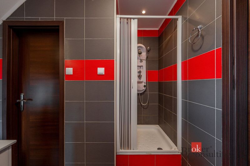 A shower corner with red and gray tiles in a 3-room apartment.