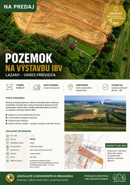 Land for sale in Lazany, Prievidza district, suitable for building family houses.