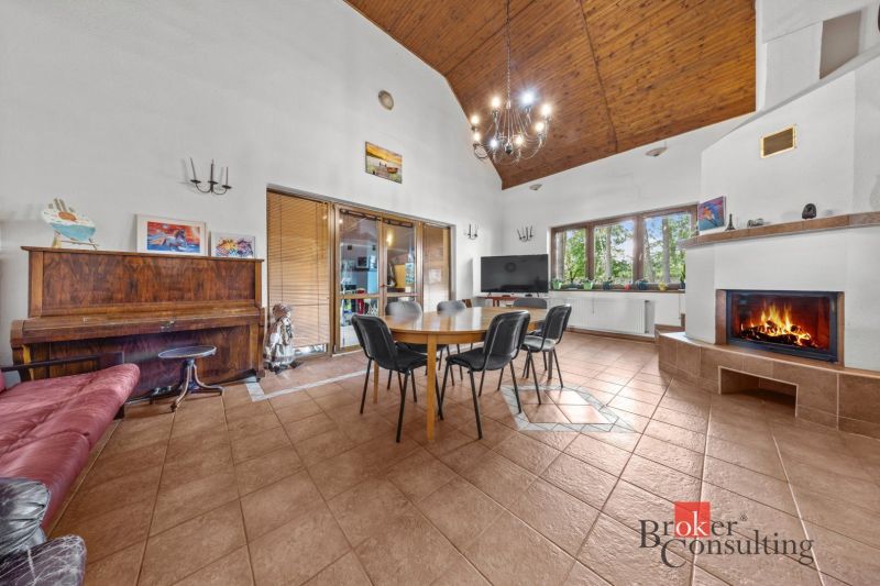 Living room in a family house with a fireplace, piano, and dining table.