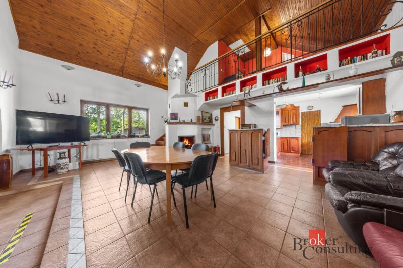 Open living room in a family house with a fireplace and high ceiling.